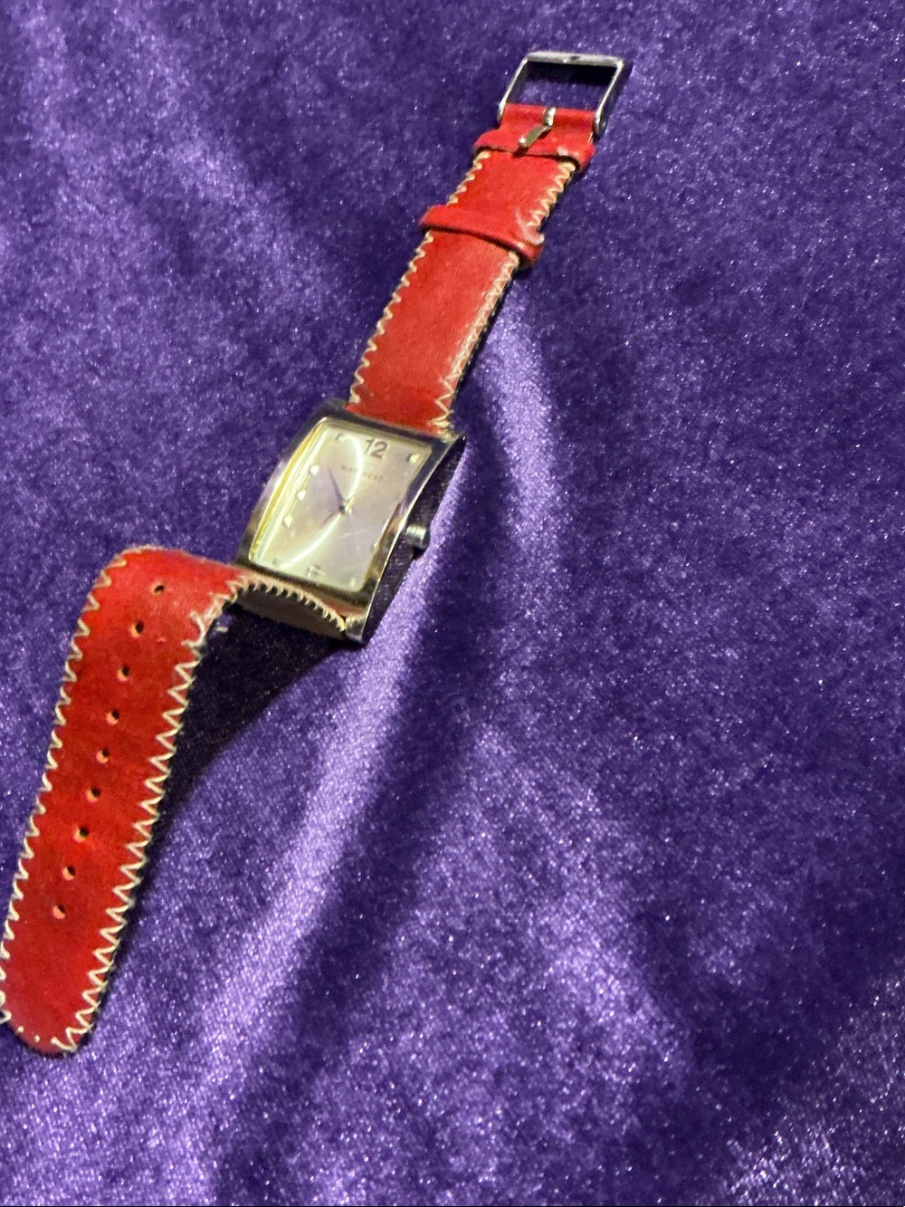 Nine West Red Leather Strap Watch with Silver Rectangular Case